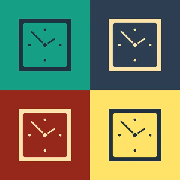 颜色时钟图标隔离在颜色背景上。时间符号。复古风格的绘图。矢量插图 — 图库矢量图片