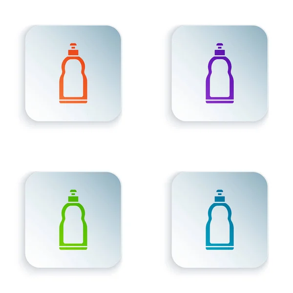 Botol Plastik Warna untuk deterjen cair, pemutih, cairan pencuci piring atau ikon agen pembersih lainnya diisolasi pada latar belakang putih. Mengatur ikon dalam warna-warni tombol persegi. Ilustrasi Vektor - Stok Vektor