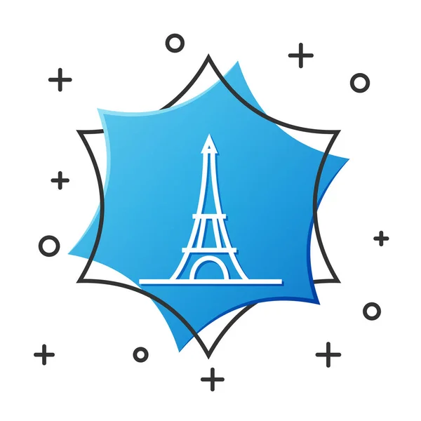 Ícone Torre Eiffel linha branca isolado sobre fundo branco. França Paris símbolo de referência. Botão hexágono azul. Ilustração vetorial — Vetor de Stock