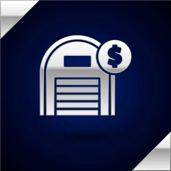 Ασημένια Αποθήκη με σύμβολο δολαρίου απομονωμένη σε σκούρο μπλε φόντο. Σχέδιο ακίνητης περιουσίας. Εικονογράφηση διανύσματος — Διανυσματικό Αρχείο