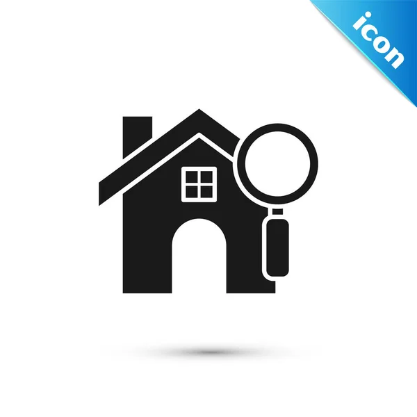 Svart Sök hus ikon isolerad på vit bakgrund. Real Estate symbol för ett hus under förstoringsglas. Vektor illustration — Stock vektor