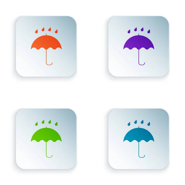 Paraguas de color y gotas de lluvia icono aislado sobre fondo blanco. Icono impermeable. Protección, seguridad, concepto de seguridad. Símbolo resistente al agua. Establecer iconos en botón cuadrado de colores. Ilustración vectorial — Vector de stock