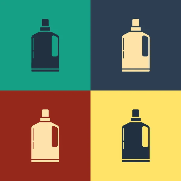 彩色塑料瓶用于液体洗涤剂、漂白剂、洗涤剂或其他洗涤剂图标分离的颜色背景。 复古风格的绘画。 病媒图解 — 图库矢量图片