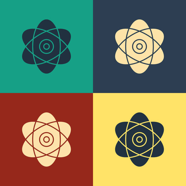 Color Atom icon isolated on color background. Symbol of science, education, nuclear physics, scientific research. Electrons and protons sign. Vintage style drawing. Vector Illustration