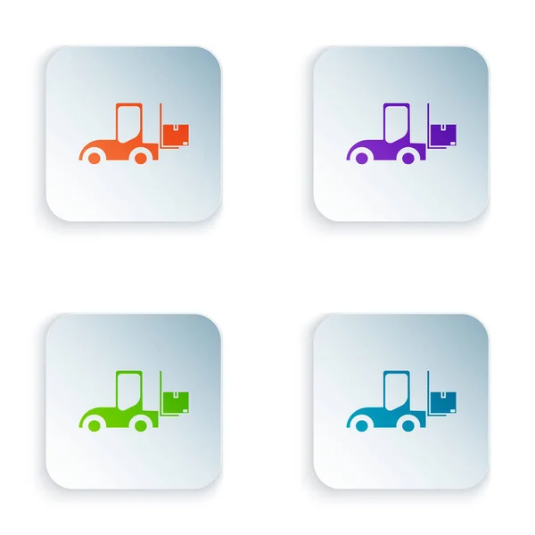 Color Forklift truck icon isolated on white background. Fork loader and cardboard box. Cargo delivery, shipping, transportation. Set icons in colorful square buttons. Vector Illustration — Stock Vector