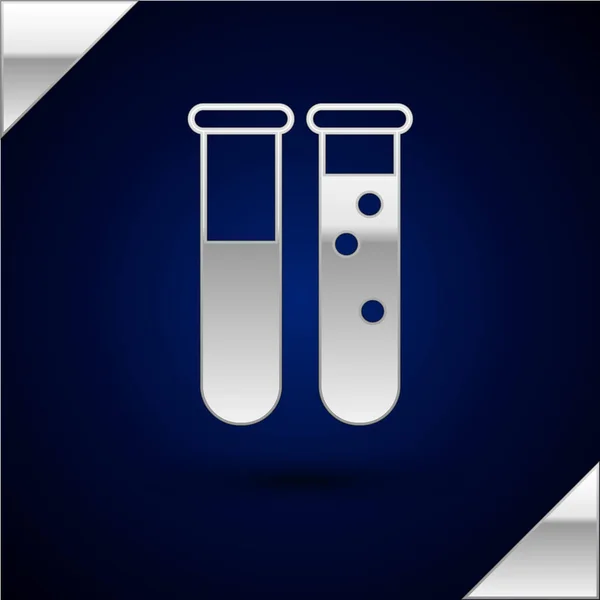 Tubo de ensayo de plata y frasco icono de prueba de laboratorio químico aislado sobre fondo azul oscuro. Signo de cristalería del laboratorio. Ilustración vectorial — Vector de stock