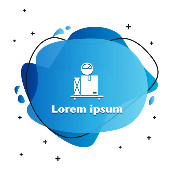 Beyaz zemin üzerinde karton kutu simgesi olan beyaz ölçek. Lojistik ve teslimat. Dağıtım paketinin ağırlığı bir ölçekte. Sıvı şekilli soyut pankart. Vektör İllüstrasyonu — Stok Vektör