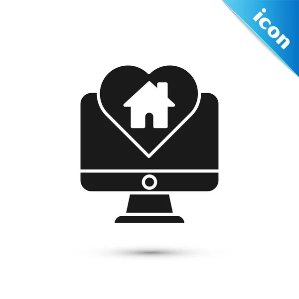 Monitor de computador preto com casa em forma de coração ícone isolado no fundo branco. Adoro o símbolo de casa. Família, bens imóveis e realeza. Ilustração vetorial — Vetor de Stock