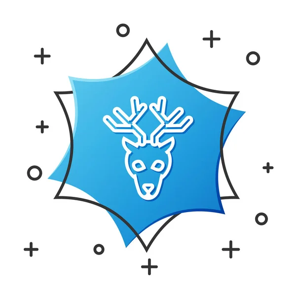 Biała głowa jelenia z ikoną rogów odizolowana na białym tle. Niebieski sześciokąt. Ilustracja wektora — Wektor stockowy