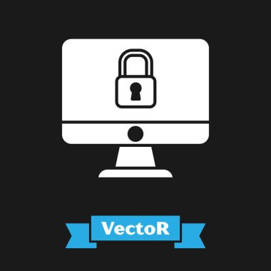 Bilgisayar ekranındaki beyaz kilit simgesi siyah arkaplanda izole edildi. Güvenlik, güvenlik, koruma kavramı. Güvenli bir ağ. Vektör İllüstrasyonu