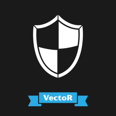 Beyaz Kalkan simgesi siyah arkaplanda izole edildi. Gardiyan. Güvenlik, güvenlik, koruma, gizlilik kavramı. Vektör İllüstrasyonu