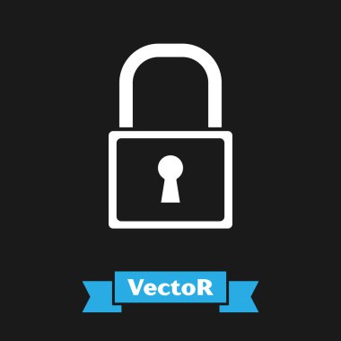 Beyaz Kilit simgesi siyah arkaplanda izole edildi. Asma kilit işareti. Güvenlik, güvenlik, koruma, gizlilik kavramı. Vektör İllüstrasyonu