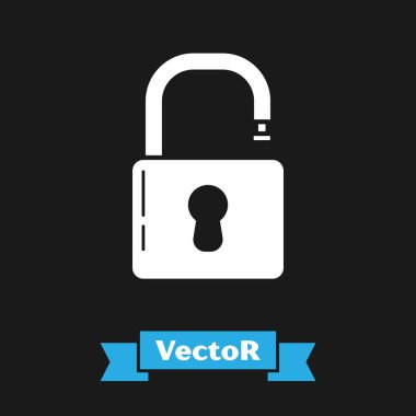 Beyaz Açık asma kilit simgesi siyah arkaplanda izole edildi. Kilit açık işareti. Siber güvenlik kavramı. Dijital veri koruması. Güvenlik kilidi. Vektör İllüstrasyonu