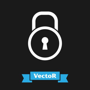 Beyaz Kilit simgesi siyah arkaplanda izole edildi. Asma kilit işareti. Güvenlik, güvenlik, koruma, gizlilik kavramı. Vektör İllüstrasyonu