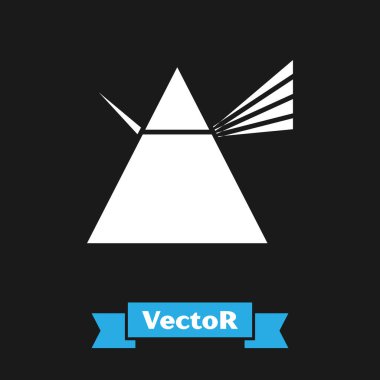 Siyah arkaplanda izole edilmiş prizma simgesindeki beyaz ışık ışınları. Cam prizmada gökkuşağı spektrum dağılımı optik etkisi. Vektör İllüstrasyonu