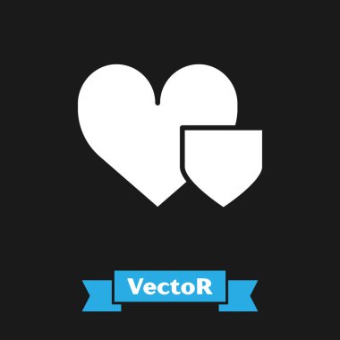 Siyah arkaplanda beyaz kalp simgesi var. Aşk sembolü. Sigorta konsepti. Güvenlik, güvenlik, koruma, konsept koruma. Vektör İllüstrasyonu