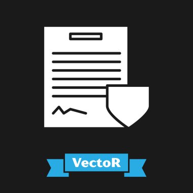 Siyah arka planda izole edilmiş beyaz sözleşmeli kalkan simgesi. Sigorta konsepti. Güvenlik, güvenlik, koruma, konsept koruma. Vektör İllüstrasyonu
