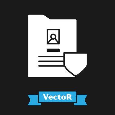 Siyah zemin üzerinde kalkan simgesi olan beyaz belge. Sigorta konsepti. Güvenlik, güvenlik, koruma, konsept koruma. Vektör İllüstrasyonu