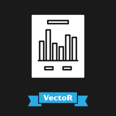 Grafik grafik simgesi siyah arka planda yalıtılmış beyaz belge. Metin dosyası simgesini bildirin. Muhasebe işareti. Denetim, analiz, planlama. Vektör İllüstrasyonu