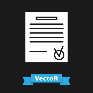 Siyah arkaplanda beyaz onaylı belge ve işaretleme simgesi izole edildi. Kontrol listesi simgesi. İş konsepti. Vektör İllüstrasyonu