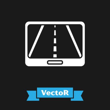 Şehir haritası yön bulma simgesinin beyaz bilgileri siyah arkaplanda izole edildi. Mobil Uygulama Arayüzü tasarımı. Coğrafi konsept. Vektör İllüstrasyonu