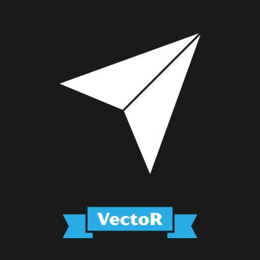 Siyah arkaplanda beyaz kağıt uçak simgesi izole edildi. Vektör İllüstrasyonu