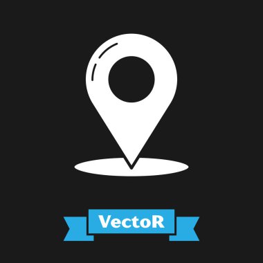 Siyah arka planda yalıtılmış Beyaz Harita pin simgesi. Navigasyon, işaretçi, yer, harita, gps, yön, yer, pusula, iletişim, arama konsepti. Vektör İllüstrasyonu