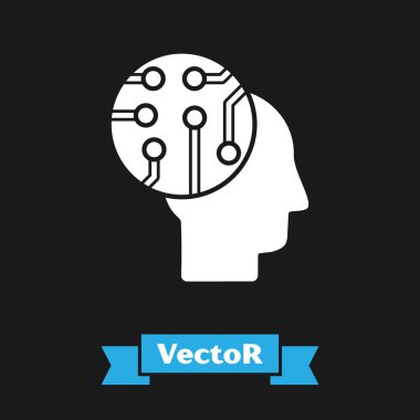 Dijital devre kartı simgesi olarak beyaz insan beyni siyah arkaplanda izole edildi. İçinde devre çizgileri olan insan kafası. Vektör İllüstrasyonu