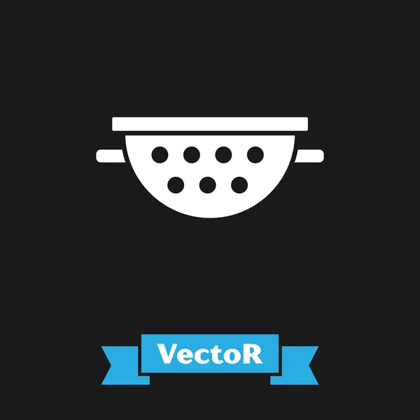 Icono de colador de cocina blanca aislado sobre fondo negro. Utensil de cocina. Signo de cubertería. Ilustración vectorial — Vector de stock