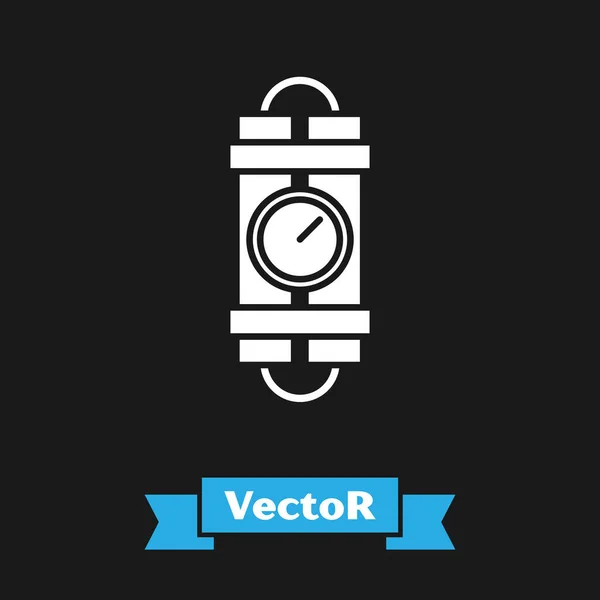 Blanco Detonar dinamita bomba palo y reloj temporizador icono aislado sobre fondo negro. Bomba de tiempo - concepto de peligro de explosión. Ilustración vectorial — Vector de stock