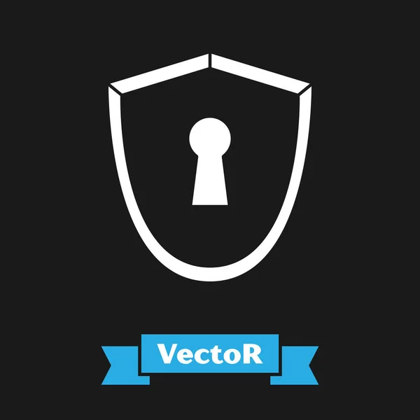 Escudo blanco con icono de ojo de cerradura aislado sobre fondo negro. Protección, concepto de seguridad. Icono de placa de seguridad. Banner de privacidad. Etiqueta de defensa. Ilustración vectorial — Vector de stock