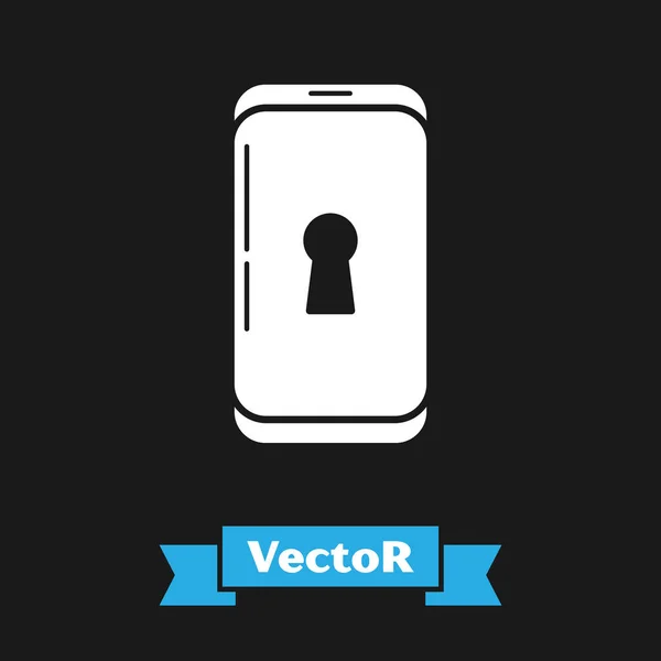 Smartphone blanco con icono de bloqueo aislado sobre fondo negro. Teléfono con llave. Seguridad móvil, seguridad, concepto de protección. Ilustración vectorial — Vector de stock