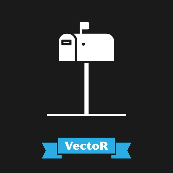 Hvitt åpent postboksikon isolert på svart bakgrunn. Postboksikon. Postkasse på stang med flagg. Vektorbelysning – stockvektor