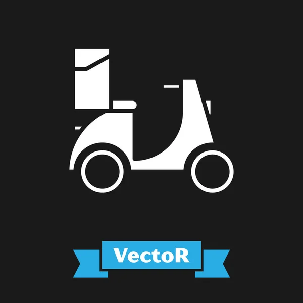 Icono de entrega de scooter blanco aislado sobre fondo negro. Servicio de entrega concepto. Ilustración vectorial — Vector de stock