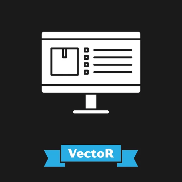 Monitor de computador branco com ícone de rastreamento de entrega de aplicativos isolado em fundo preto. Rastreamento de pacotes. Ilustração vetorial — Vetor de Stock