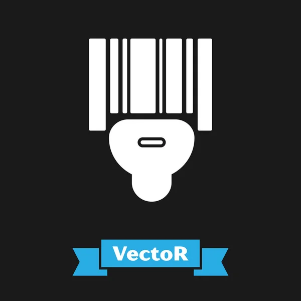 Weißer Scanner scannt Barcode-Symbol isoliert auf schwarzem Hintergrund. Aufkleber mit Barcode-Etiketten. Identifikation für die Lieferung mit Stangen. Vektorillustration — Stockvektor