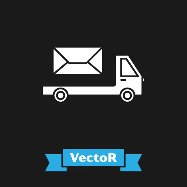 Weißes Postauto-Symbol isoliert auf schwarzem Hintergrund. Postauto. LKW-Transport mit Umschlag oder Brief. Vektorillustration — Stockvektor
