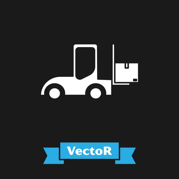 Icono de carretilla elevadora blanca aislado sobre fondo negro. Cargador de tenedor y caja de cartón. Entrega de carga, envío, transporte. Ilustración vectorial — Vector de stock