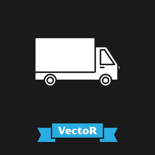 Camión de carga White Delivery icono del vehículo aislado sobre fondo negro. Ilustración vectorial — Vector de stock