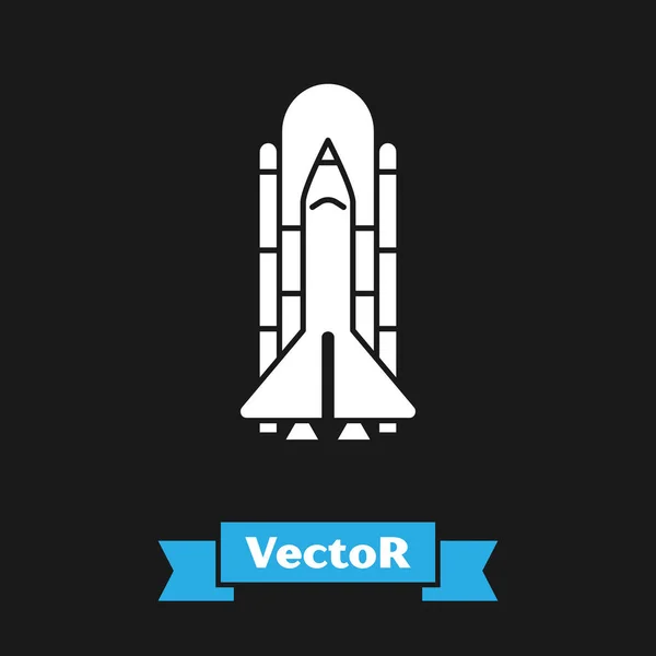 Blanco Transbordador espacial y cohetes icono aislado sobre fondo negro. Ilustración vectorial — Vector de stock