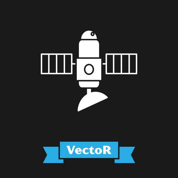 Icono satélite blanco aislado sobre fondo negro. Ilustración vectorial — Vector de stock