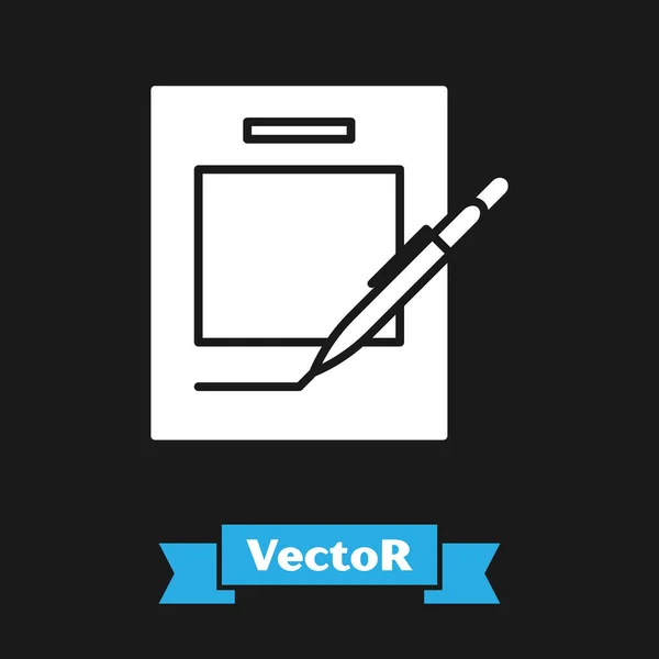 Weißes leeres Notizbuch und Stift-Symbol isoliert auf schwarzem Hintergrund. Papier und Stift. Vektorillustration — Stockvektor