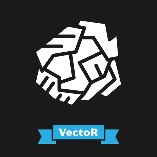 Icono de bola de papel arrugado blanco aislado sobre fondo negro. Ilustración vectorial — Vector de stock