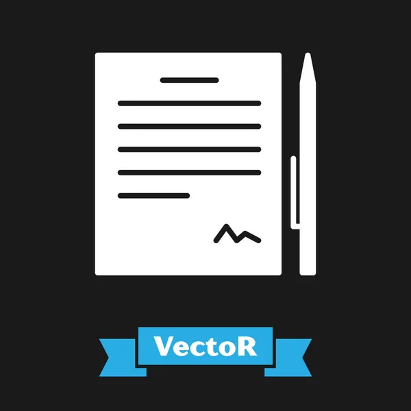 Contrato blanco con icono de lápiz aislado sobre fondo negro. Icono archivo. Icono de lista de verificación. Concepto de negocio. Ilustración vectorial — Vector de stock