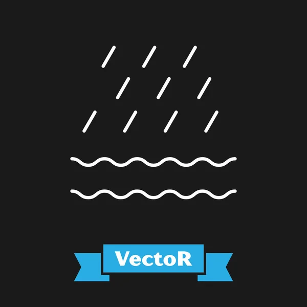 Icono de lluvia blanca y olas aislado sobre fondo negro. precipitación de nubes de lluvia con gotas de lluvia. Ilustración vectorial — Vector de stock
