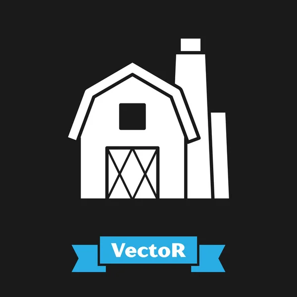 Weißes Bauernhaus-Konzept-Symbol isoliert auf schwarzem Hintergrund. rustikale Bauernlandschaft. Vektorillustration — Stockvektor