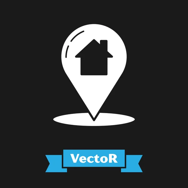 Ponteiro de mapa branco com ícone de casa isolado no fundo preto. Símbolo do marcador de localização. Ilustração vetorial — Vetor de Stock