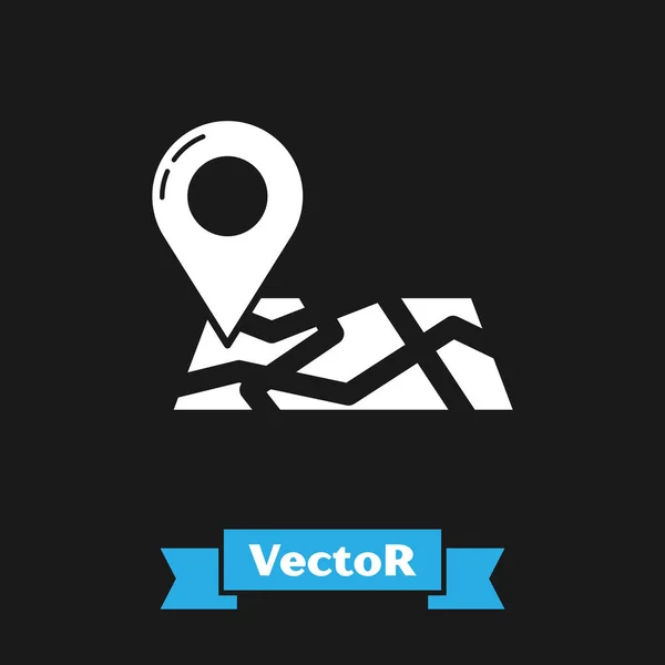 Mapa plegado blanco con icono de marcador de ubicación aislado sobre fondo negro. Ilustración vectorial — Vector de stock
