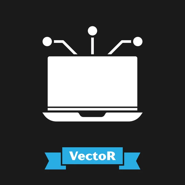 Icono del portátil blanco aislado sobre fondo negro. Concepto de tecnología y dispositivos.. Ilustración vectorial — Vector de stock