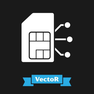 Beyaz Sim kart simgesi siyah arkaplanda izole edildi. Cep telefonu sim kart çipi. Mobil telekomünikasyon teknolojisi sembolü. Vektör İllüstrasyonu